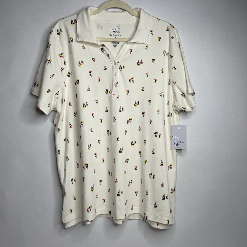 NWT Croft Barrow Womens X-Large XL Classic Ivory Sailboat Polo Shirt